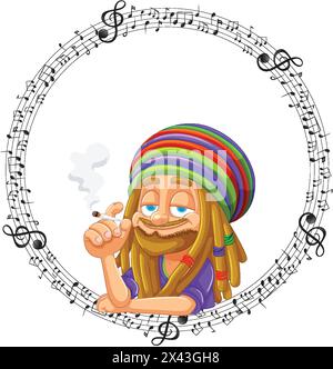 Cartoon-Reggae-Musiker umgeben von musikalischen Noten. Stock Vektor