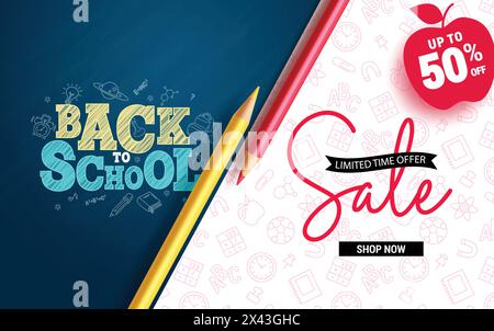 Back to School Sale Vektor Banner Design. „Zurück zur Schule“-Angebotstext für kurze Zeit mit 50 % Rabatt auf die Werbeaktion für Schulungsmaterialien Stock Vektor