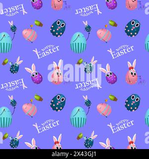 Anthropomorphe Ostereier-Familie. Babys und Eltern. Babys mit Hasenohren. Violetter Hintergrund. Happy Easter Inschrift. Nahtloses Farbmuster Stock Vektor