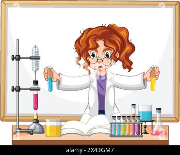 Mädchen im Laborkittel, das Experimente mit bunten Flüssigkeiten durchführt Stock Vektor