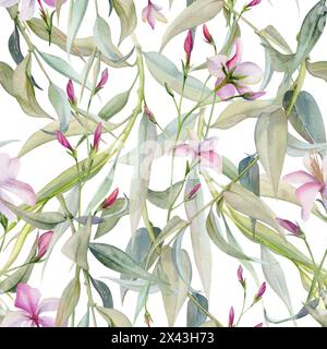 Handgezeichnete Aquarellillustration botanische Blätter. Eierweide Eukalyptus Lorbeerzweig, Clematis lobelia impatiens Jasmin, Orangenblüte Stockfoto