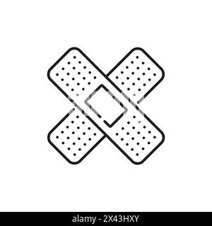 Apotheke medizinisches Patch dünne Linie Symbol oder Symbol. Pharmazeutische Behandlung, Apothekenprodukt oder Drogeriemarkt Hilfe lineares Vektorsymbol. Medizin, Gesundheitswesen Umrisssymbol oder Zeichen mit gekreuzten Flecken Stock Vektor