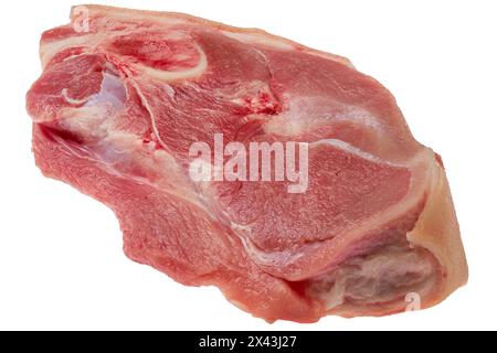 Frisches rohes Schweineschenkelgelenk isoliert auf weißem Hintergrund Stockfoto