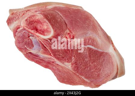 Draufsicht des rohen Schweineschenkelgelenks isoliert auf weißem Hintergrund Stockfoto