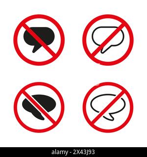 Stummgeschaltete Sprachvektorsymbole. Keine sprechenden Zeichen gesetzt. Symbole für Kommunikationseinschränkungen. Ruhebereiche. Stock Vektor