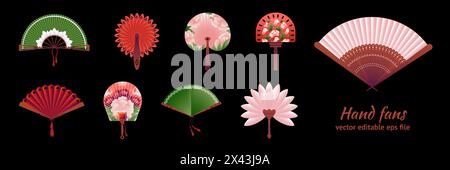 Japanische Fans. Chinesische Handtraditionszubehör, Japan-Papier, Kollektion im orientalischen china-Stil, Winderinnerung mit Blumen- und Blätterdruck. Klassisches asiatisches Dekoelement. Vektor-Vintage-Icons Set Stock Vektor