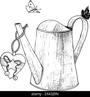 Gießkanne Herzvektor Illustration Schmetterling. Geschwungenes Metallwasser zur Gartendekoration. Schwarze Umrissgrafik. Kontur der Tintenlinie Stock Vektor