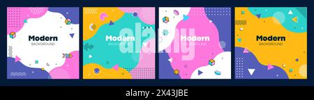Moderne ästhetische geometrische Memphis-Banner. Quadratische Vektorhintergründe oder Karten mit leuchtenden Farben, auffälligen, unregelmäßigen Formen und verspielten Mustern. Vorlagen für soziale Medien, Cover, farbenfrohes Retro-Design Stock Vektor