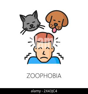 Menschliche Phobie oder Angst, Psychologie, Zoophobie mentales Problem Linien-Farbsymbol. Psychische Störungen, Phobie oder Tiere fürchten die Umrissvektorzeichen. Psychologisches Problemumrisszeichen mit Haustierängstigung Stock Vektor