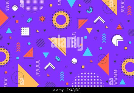 Lila violette Hipster Memphis Muster Hintergrund mit abstrakten geometrischen Formen des Vektors. Modernes oder Retro-Memphis-Muster aus minimalen Linienfiguren und geometrischen Elementen aus Rasterpunkten und Dreiecken Stock Vektor