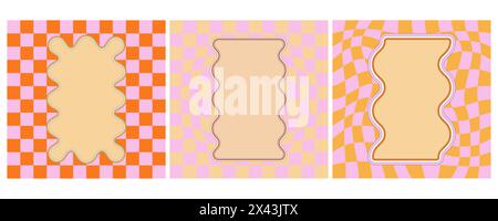 Groovige Rahmen mit wellenförmigem Rand auf kariertem Hintergrund. Rechteckige Y2K-Muschelformen mit quadratischem psychedelischen Muster und Textfeld. Niedliches Design der 90er Jahre Stock Vektor