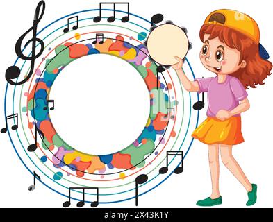Cartoon-Mädchen mit Tambourin, umgeben von Musiknoten. Stock Vektor