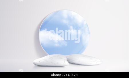 Podium-Modell aus Stein mit kreisförmiger Form und Wolken am blauen Himmel. Marmorplattform aus Naturwaren im weißen Studiozimmer. Realistische 3D-Vektor-Illustration einer minimalen Szene mit Standschablone Stock Vektor