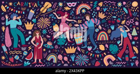 Karnevalsparty. Sommerurlaub. Fiesta-Veranstaltung mit trendigen Tänzern. Disco-Musik. Menschen tanzen. Graffiti-Elemente. Alkoholischer Cocktail. Regenbogen und Palmblätter. Frauen- und Männerfeier. Vektorhintergrund Stock Vektor