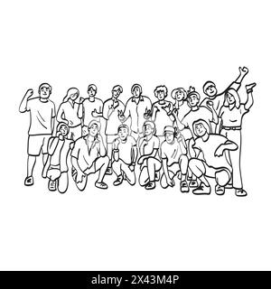 Sechzehn Menschen sitzen und stehen zusammen, um Glücksspiel Illustration Vektor Hand gezeichnet auf weißem Hintergrund Stock Vektor