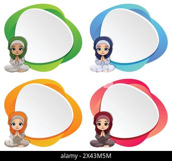 Vier Zeichentrickfiguren mit lebhaften Sprechblasen Stock Vektor