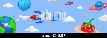 3D-Rakete. Niedlicher Platz. Raumschifffahrt. Start des Shuttles. Himmel Formen rendern. Fluggeschwindigkeit des Raumfahrzeugs. Kosmische Sterne oder Planeten. Futuristische Medien. Erdsatellitenumlaufbahn. Vektor-Zeichentrickhintergrund Stock Vektor