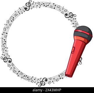 Rotes Mikrofon, umgeben von einem Kreis von Musiknoten Stock Vektor