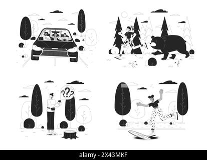 Menschen, die Unfälle überleben, Schwarzweiß-Zeichentrickfilm-Flachbild-Illustration-Set Stock Vektor