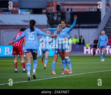 Bristol, Großbritannien. April 2024. Bristol, England, 28. April 2024 Manchester City Feiern während des Spiels der Barclays FA Womens Super League zwischen Bristol City Women und Manchester City WFC am Ashton Gate in Bristol, England. (Beast/SPP) Credit: SPP Sport Press Photo. /Alamy Live News Stockfoto