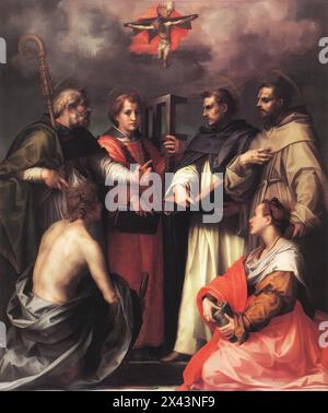 ANDREA DEL SARTO (* 1486, Firenze, d. 1530, Firenze) Disputation über das Trinity-Öl 1517 auf Holz, 232 x 193 cm Galleria Palatina (Palazzo Pitti), Florenz in derselben Zeit wie die Madonna der Harfen, nach den durch stilistische Verbindungen bestätigten Beweisen von Vasari, Andrea malte eine weitere große Tafel für den Altar einer Kapelle in der Augustinerkirche San Gallo. Zur Zeit der Belagerung von Florenz im Jahre 1529 wurde es in Sicherheit gebracht, in San Jacopo tra' Fossi, wie auch die beiden früheren Gemälde (Noli me tangere und die Verkündigung). Das Gemälde stellte die Disputatio dar Stockfoto