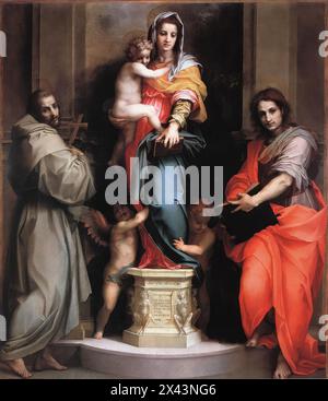 ANDREA DEL SARTO (* 1486, Firenze, d. 1530, Firenze) Madonna der Harfen 1517 Öl auf Holz, 208 x 178 cm Galleria degli Uffizien, Florenz das vielleicht berühmteste Werk Andreas del Sartos ist der Altarbild für die Nonnen von San Francesco dei Macci, bekannt als die Madonna der Harpyien. Gemäß dem am 14. Mai 1515 unterzeichneten Vertrag sollte das Bild die Madonna und das Kind darstellen, gekrönt von zwei Engeln und flankiert von Johannes dem Evangelisten und St. Bonaventure, und innerhalb eines Jahres geliefert werden. Das Werk stammt aus dem Jahr 1517 und zeigt den Heiligen Johannes den Evangelisten und den Heiligen Franziskus Stockfoto