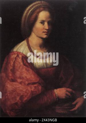 ANDREA DEL SARTO (* 1486, Firenze, d. 1530, Firenze) Porträt einer Frau mit Spindelkorb ca. 1517 Öl auf Holz, 76 x 54 cm Galleria degli Uffizien, Florenz große würde und extreme Zärtlichkeit in diesem großartigen Porträt einer Frau mit einem Korb Spindeln, die lange Zeit von Pontormo gedacht und erst kürzlich Andrea del Sarto zugeschrieben wurde. Typisch für letztere sind in der Tat die leicht rotierenden Ebenen, die eine kompakte Masse in Bewegung definieren sollen, die völlig abseits der harten, fast neogotischen Linie liegt, die das Porträtbild Pontormos auszeichnet. Der starke Einsatz von Chiaro Stockfoto