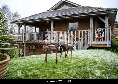 Rentierstatuen im Garten von East Sussex zu Weihnachten in Südostengland, Großbritannien. Stockfoto