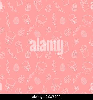 Nahtloses Muster aus Ostereiern, Osterkulich-Kuchen und Blumenelementen. Durchgehende einzeilige Zeichnung. Roter Hintergrund. Festliches Design. Osterdekoration Stock Vektor