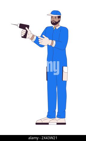 afroamerikanischer Reparaturmann mit Drill 2D lineare Zeichentrickfigur Stock Vektor