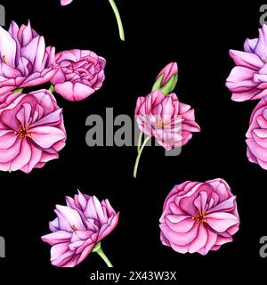 Sakura-Blumen. Rosafarbene Kirschblüten. Nahtloses Muster mit japanischen Blumen im Frühling. Botanische Aquarellillustration mit Knospen, Blütenblättern und Stockfoto