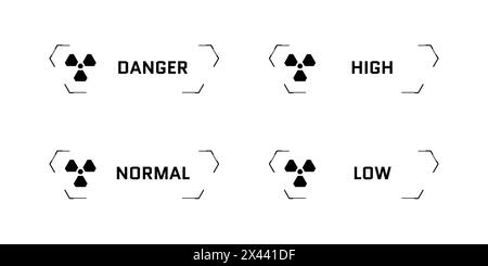 HUD Digital Futuristic User Interface Strahlungsrahmenset. SCI Fi High-Tech-Bildschirme mit radioaktivem Füllstand. GUI und FUI Cyber Monitoring Nuklearanzeige Dashboard Panel. Head-Up-Display-UI-Designelement Stock Vektor
