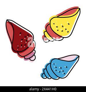 Niedliches Set mit Muschel-Doodle-Symbolen. Handgezogene Muscheln, Muscheln, Muscheln. Illustration von Clips mit isoliertem Vektor. Skizzieren Sie Meeresbewohner mit Farben Stock Vektor