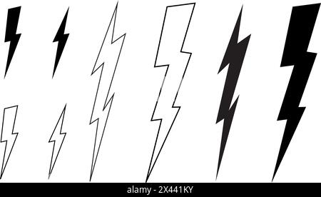 Satz von Bolzensymbolen. Donner, elektrischer Blitz, Akkuladung, Warnung, Energie- oder Stromsignalzeichen. Symbole für Geschwindigkeit, Schock oder Strike Anime isoliert auf Stock Vektor