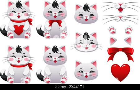 Lustige Katzen. Set von niedlichen Karikaturkatzen mit Herzen, Bögen und Elementen isoliert auf weißem Hintergrund. Vektorabbildung. Stock Vektor
