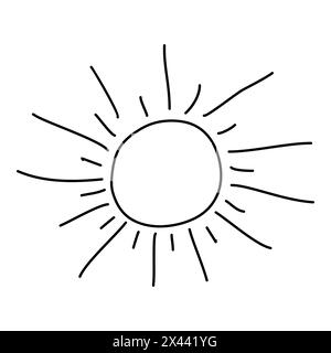 Handgezeichnete Doodle Sun. Umrissvektorillustration, isoliert auf weiß. Schwarze Konturzeichnung des natürlichen Phänomens Hot. Untergeordnete Grafik zum Ausmalen Stock Vektor
