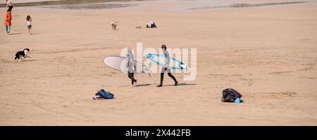 Ein Panoramabild von zwei jungen Surferinnen, die ihre Surfbretter am Towan Beach in Newquay in Cornwall in Großbritannien tragen. Stockfoto