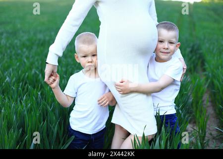 Eine Schwangere, die mit jungen Jungen auf einem Feld steht. Ich erwarte mein drittes Kind. Die Frau trägt ein weißes Kleid und hat ihre Hände auf den Schultern Stockfoto