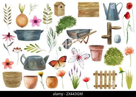 Frühlingsgarten Set, Aquarell, Illustration, Blumen, Pflanze, ostern, Dekoration, Gartenwerkzeuge, Eimer, Wasserkanne, Wasserkocher, Schmetterling Stockfoto