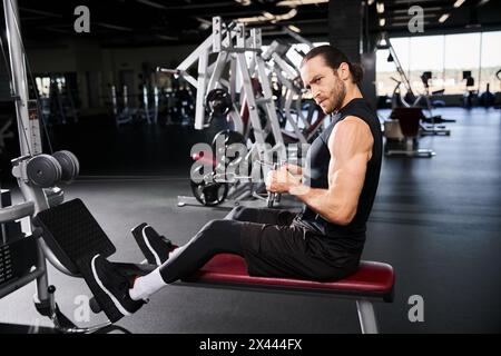 Ein fokussierter Mann in Turnkleidung sitzt kontemplativ auf einer Bank im Fitnessstudio. Stockfoto