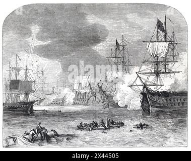 The Battle of Navarino: Illustration from Cassell's History of England, Band VII. Neuausgabe um 1873–5. Die Schlacht von Navarino war eine Seeschlacht, die am 20. Oktober 1827 während des griechischen Unabhängigkeitskrieges (1821–1829) in der Bucht von Navarino an der Westküste der Halbinsel Peloponnes im Ionischen Meer ausgetragen wurde. Die alliierten Marinen Großbritanniens, Frankreichs und Russlands besiegten entschieden die osmanischen und ägyptischen Streitkräfte, die die Griechen unterdrücken wollten. Stockfoto