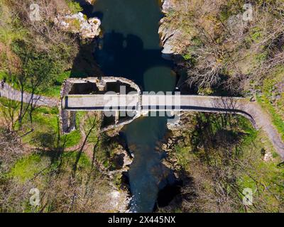 Blick aus der Vogelperspektive auf eine alte Steinbrücke über einen ruhigen Fluss mit umgebender Vegetation, Brücke des Teufels, Pont de Diable, romanische Steinbrücke Stockfoto