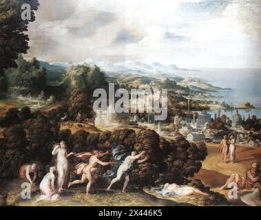 ABBATE, Niccolo dell' (* 1509, Modena, d. 1571, Fontainebleau) Orpheus und Eurydice - Öl auf Leinwand, 188 x 237 cm National Gallery, London König Franz I. von Frankreich konzentrierte seine Mäzenschaft für Kunst und Künstler auf die Dekoration des Schlosses von Fontainebleau. Dazu importierte er so bedeutende Künstler wie möglich. Er bekam den alternden Leonardo, importierte 1530 Rosso, 1532 Primaticcio, dann Niccolo dell'Abbate, Vignola, Andrea del Sarto, Cellini. Einige blieben, andere gingen zurück, aber die hinterlassenen Arbeiten waren entscheidend für die Ersetzung des gotischen Stils in Frankreich. Der Fontain Stockfoto