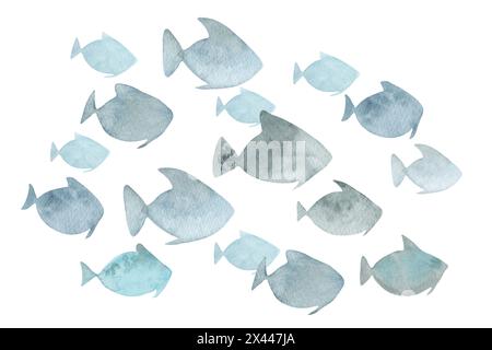 Fischschule. Einfache Aquarellabbildung. Handgezeichnete isolierte Kunst. Clipart der Unterwasserwelt. Blaue Farbe aquatische Bewohner des Meeres Stockfoto