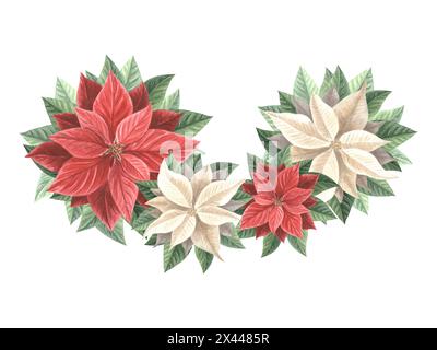 Rote und weiße Blüten. Weihnachtsstern, traditionelle Pflanzen im Vintage-Stil. Handgezeichnetes Aquarell-Illustration Urlaub Design. Isolierte Vorlage Stockfoto