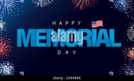 Kreative Inschrift zum Happy Memorial Day auf dunkelblauem Hintergrund. Text Memorial Day und buntes Feuerwerk. Vektorabbildung Stock Vektor