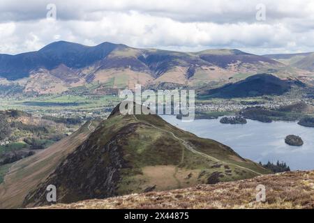 Cat Bells mit der Skiddaw Range jenseits des Maiden Moor Pfades, Lake District, Cumbria, Großbritannien Stockfoto