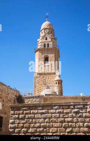 Der Glockenturm der Benediktiner Dormition Abbey, Berg Zion, Altstadt von Jerusalem, Israel Stockfoto