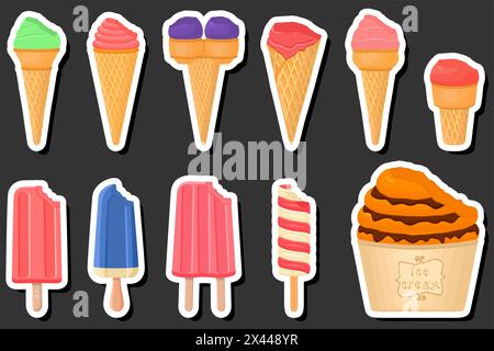 Illustration zum Thema Big Kit Eis Eis Eis Eis Eis verschiedene Arten in Kegel Waffelbecher, Eis bestehend aus leckeren Eis auf Kegel Waffelbecher, Popsic Stock Vektor