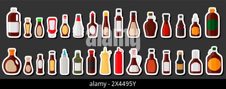 Illustration Big Kit verschiedene Glasflaschen gefüllte flüssige Soße Teriyaki, Flaschen bestehend aus Teriyaki-Soße, leere Etiketten für Titel, Soße Teriyak Stock Vektor